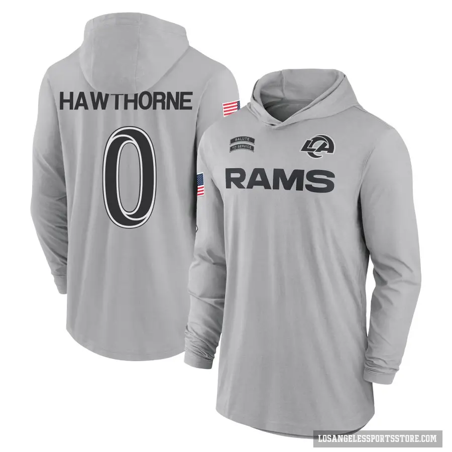 Men's ＃0 Decarius Hawthorne Los Angeles Rams Gray 2024 Salute to Service Lightweight Performance Long Sleeve Hooded T-Shirt