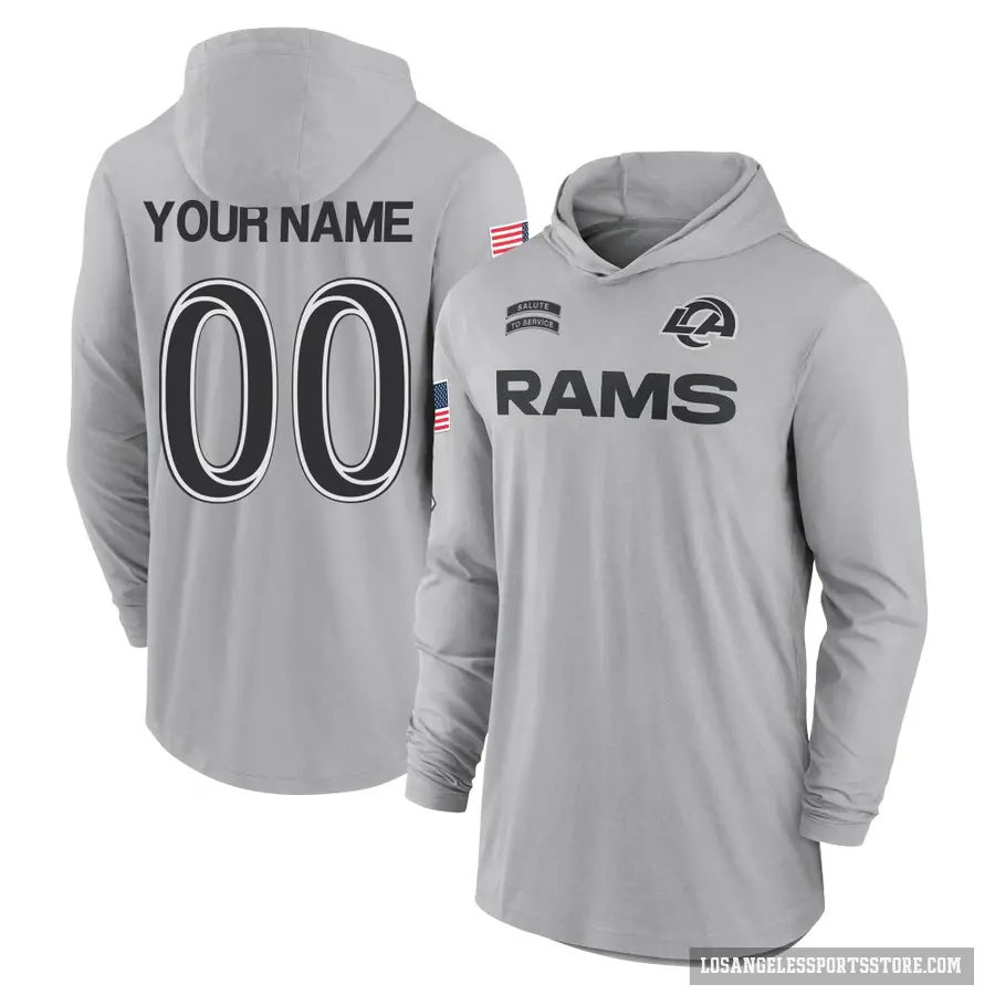 Men's ＃00 Custom Los Angeles Rams Gray 2024 Salute to Service Lightweight Performance Long Sleeve Hooded T-Shirt