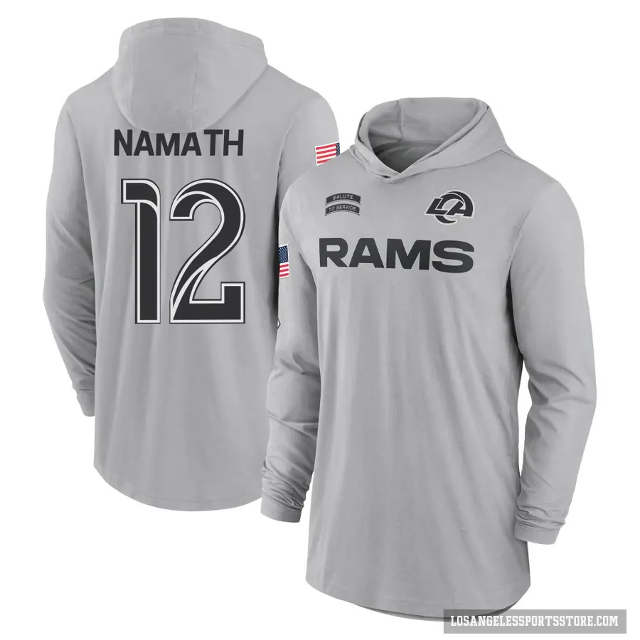 Men's ＃12 Joe Namath Los Angeles Rams Gray 2024 Salute to Service Lightweight Performance Long Sleeve Hooded T-Shirt