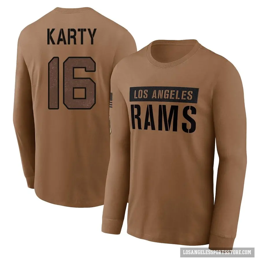 Men's ＃16 Joshua Karty Los Angeles Rams Brown 2023 Salute To Service Long Sleeve T-Shirt