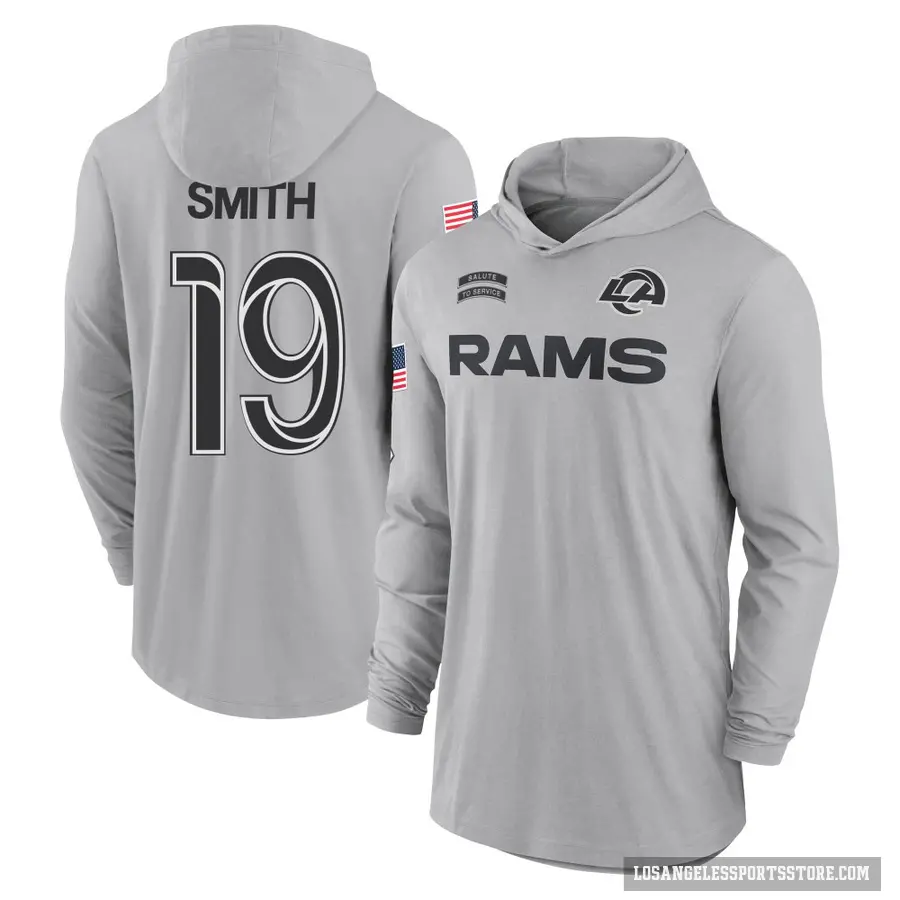 Men's ＃19 Xavier Smith Los Angeles Rams Gray 2024 Salute to Service Lightweight Performance Long Sleeve Hooded T-Shirt