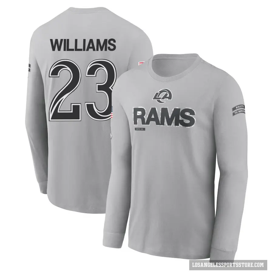 Men's ＃23 Kyren Williams Los Angeles Rams Gray 2024 Salute to Service Long Sleeve T-Shirt