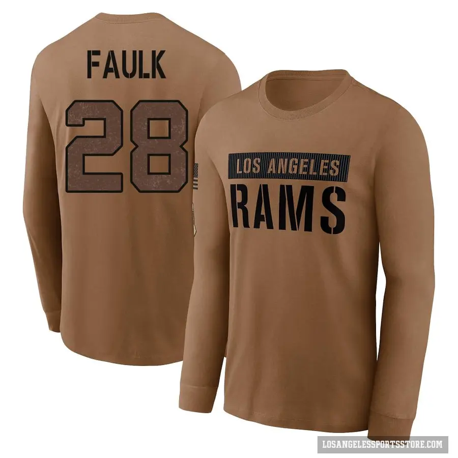 Men's ＃28 Marshall Faulk Los Angeles Rams Brown 2023 Salute To Service Long Sleeve T-Shirt