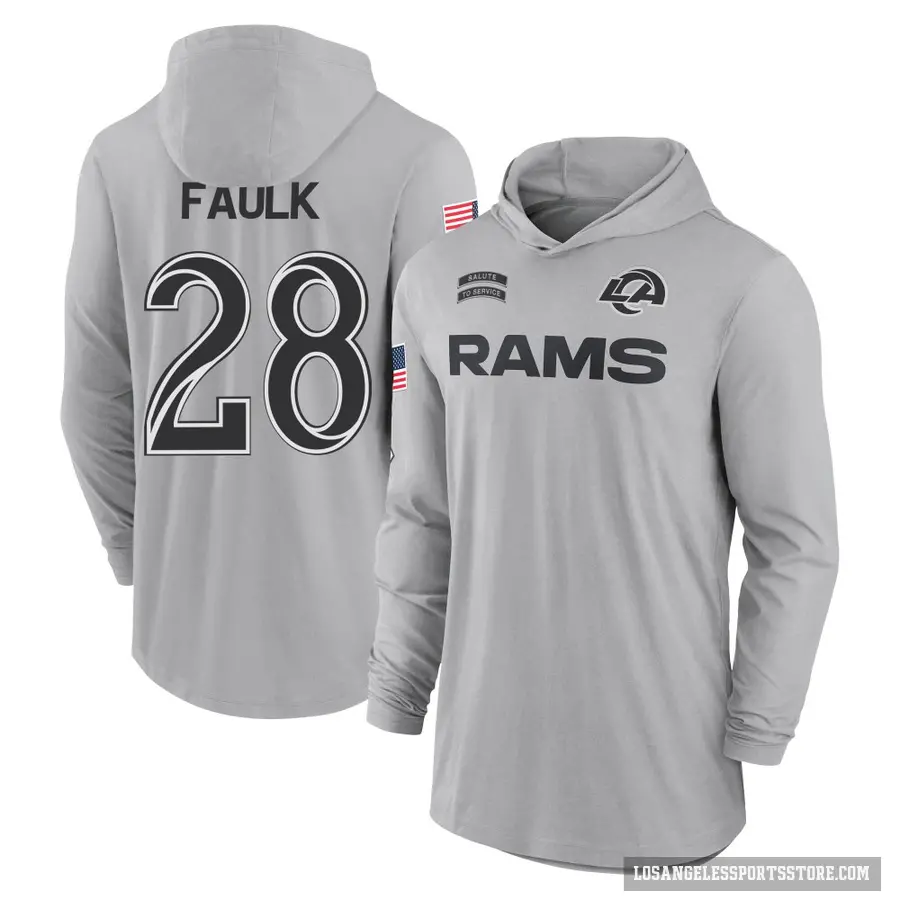 Men's ＃28 Marshall Faulk Los Angeles Rams Gray 2024 Salute to Service Lightweight Performance Long Sleeve Hooded T-Shirt