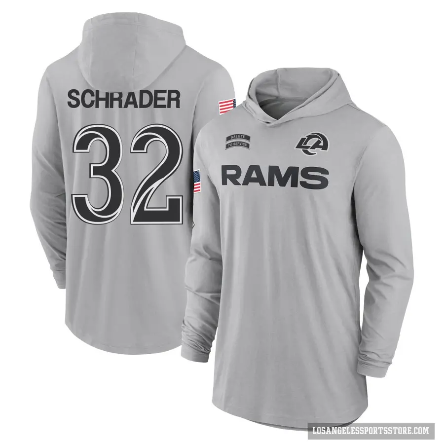 Men's ＃32 Cody Schrader Los Angeles Rams Gray 2024 Salute to Service Lightweight Performance Long Sleeve Hooded T-Shirt