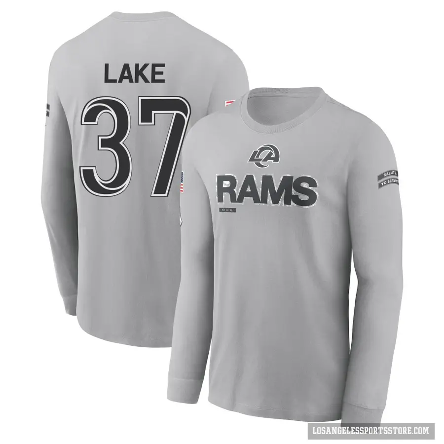 Men's ＃37 Quentin Lake Los Angeles Rams Gray 2024 Salute to Service Long Sleeve T-Shirt