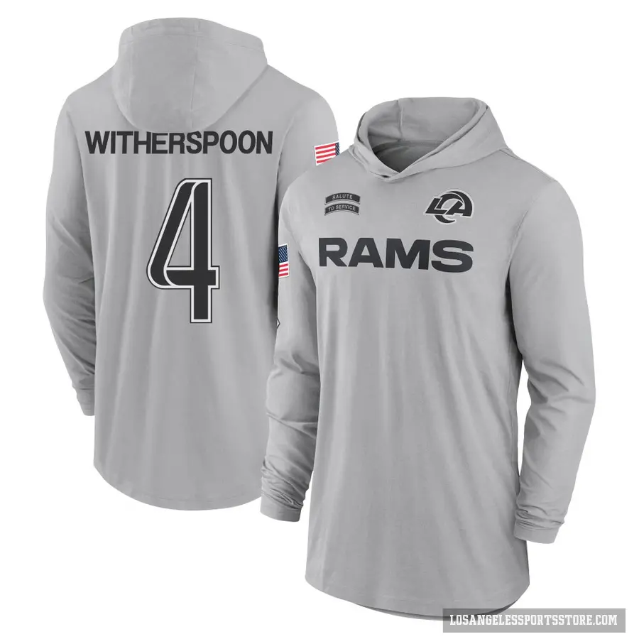 Men's ＃4 Ahkello Witherspoon Los Angeles Rams Gray 2024 Salute to Service Lightweight Performance Long Sleeve Hooded T-Shirt