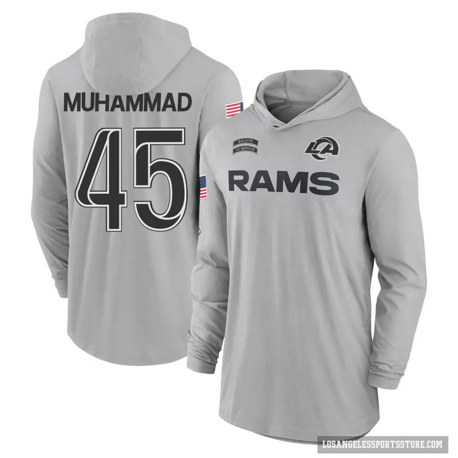 Men's ＃45 Jamil Muhammad Los Angeles Rams Gray 2024 Salute to Service Lightweight Performance Long Sleeve Hooded T-Shirt