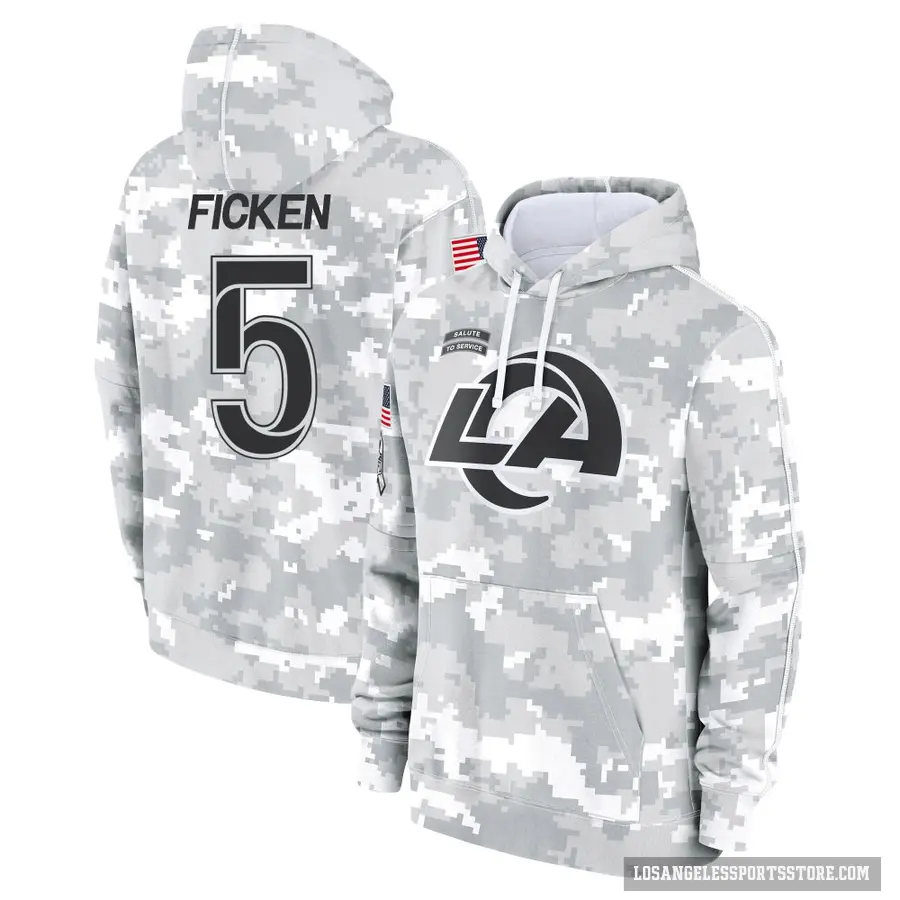 Men's ＃5 Sam Ficken Los Angeles Rams Arctic Camo 2024 Salute to Service Club Fleece Pullover Hoodie