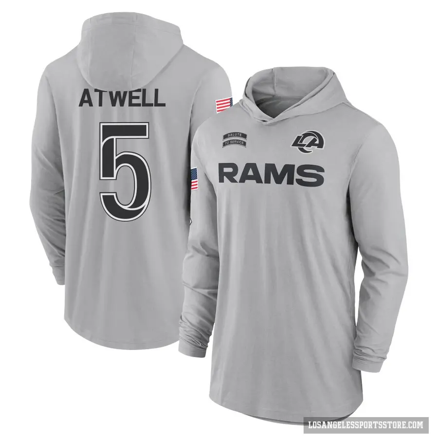 Men's ＃5 Tutu Atwell Los Angeles Rams Gray 2024 Salute to Service Lightweight Performance Long Sleeve Hooded T-Shirt