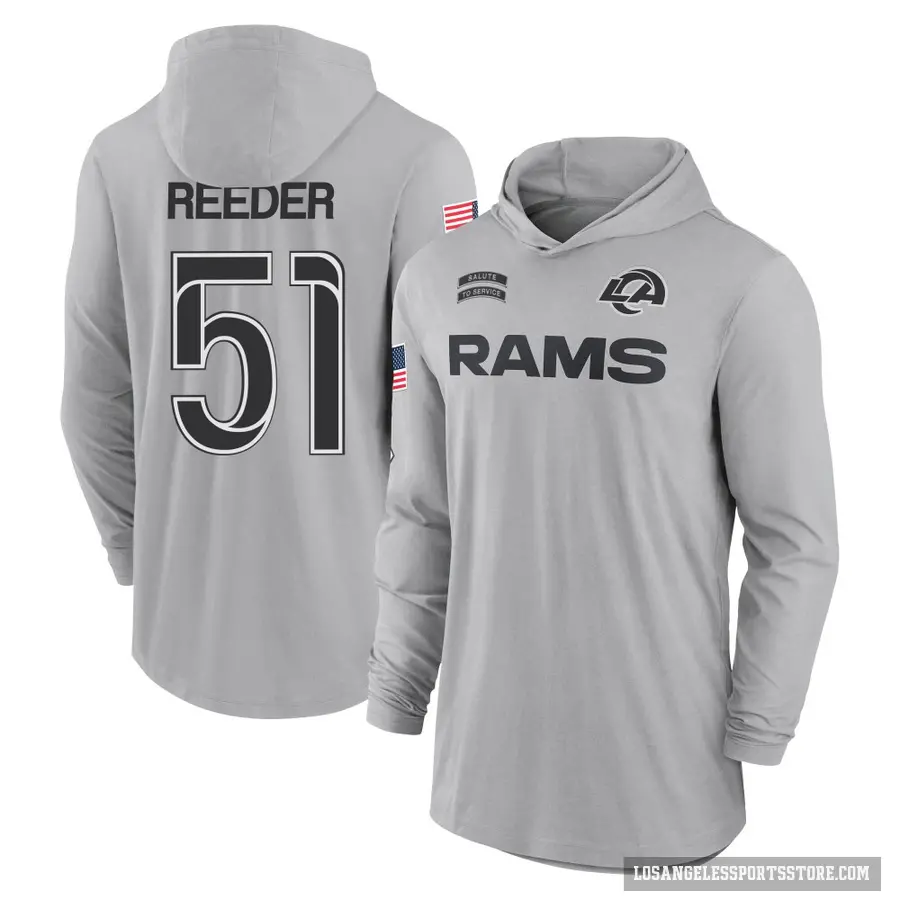 Men's ＃51 Troy Reeder Los Angeles Rams Gray 2024 Salute to Service Lightweight Performance Long Sleeve Hooded T-Shirt