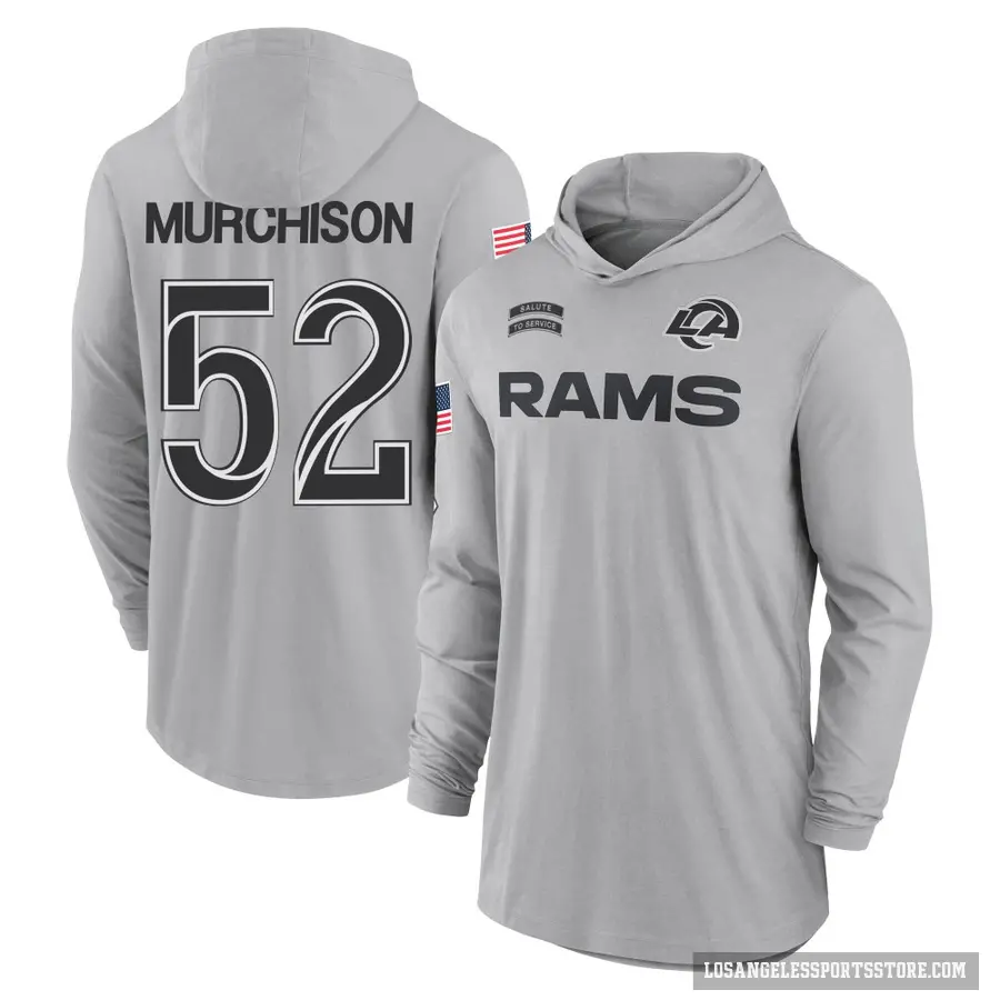 Men's ＃52 Larrell Murchison Los Angeles Rams Gray 2024 Salute to Service Lightweight Performance Long Sleeve Hooded T-Shirt