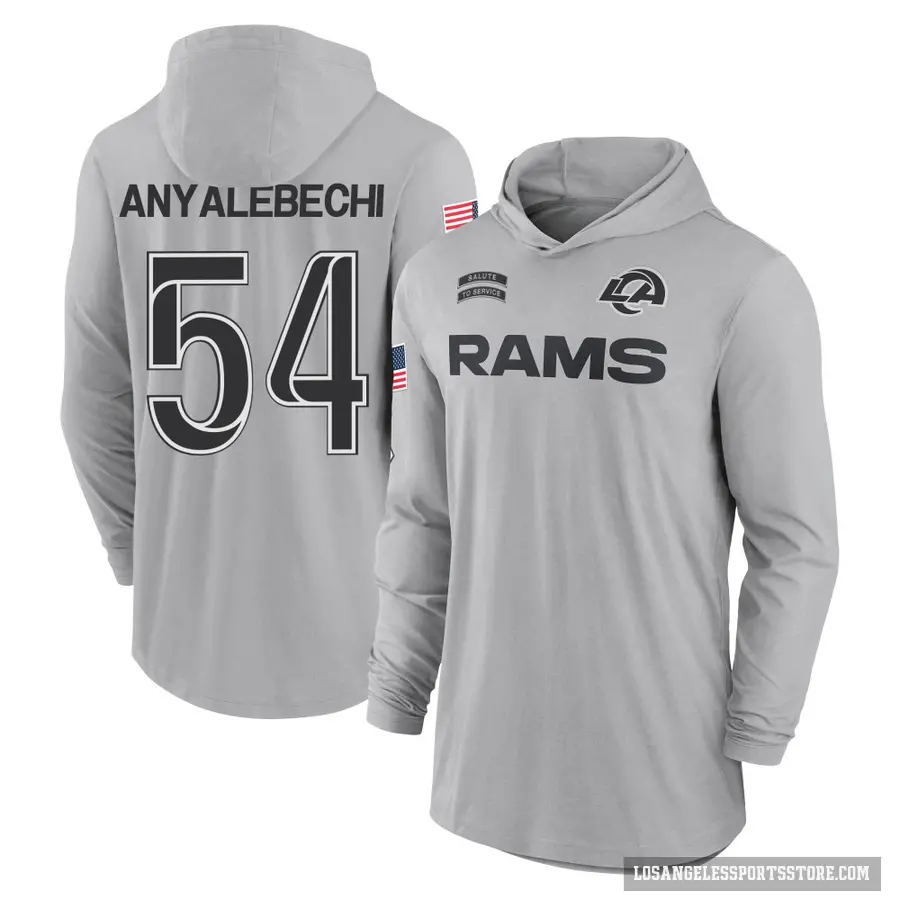 Men's ＃54 Kelechi Anyalebechi Los Angeles Rams Gray 2024 Salute to Service Lightweight Performance Long Sleeve Hooded T-Shirt