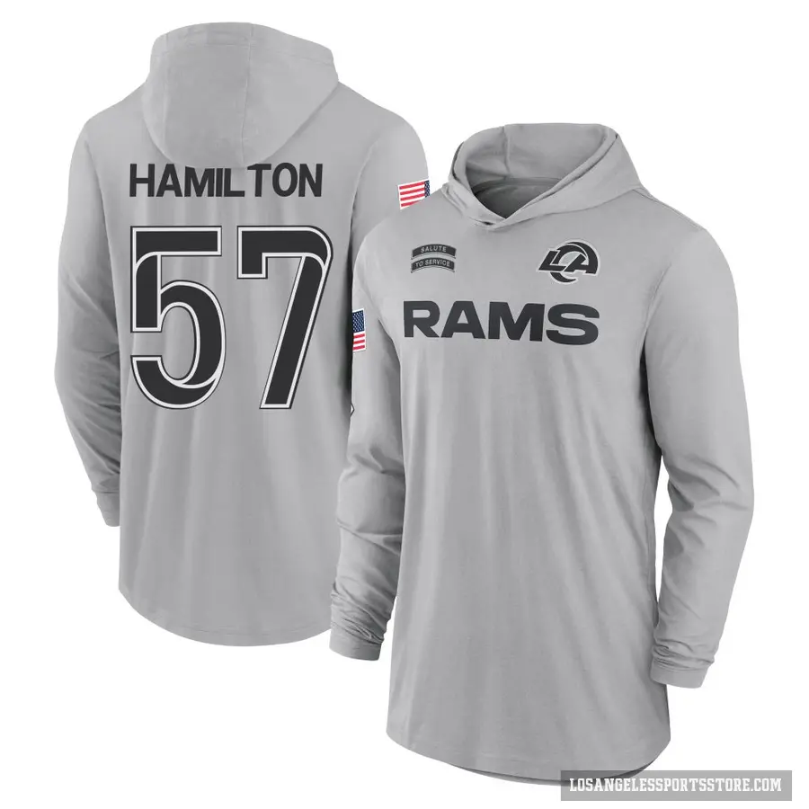 Men's ＃57 Ty Hamilton Los Angeles Rams Gray 2024 Salute to Service Lightweight Performance Long Sleeve Hooded T-Shirt