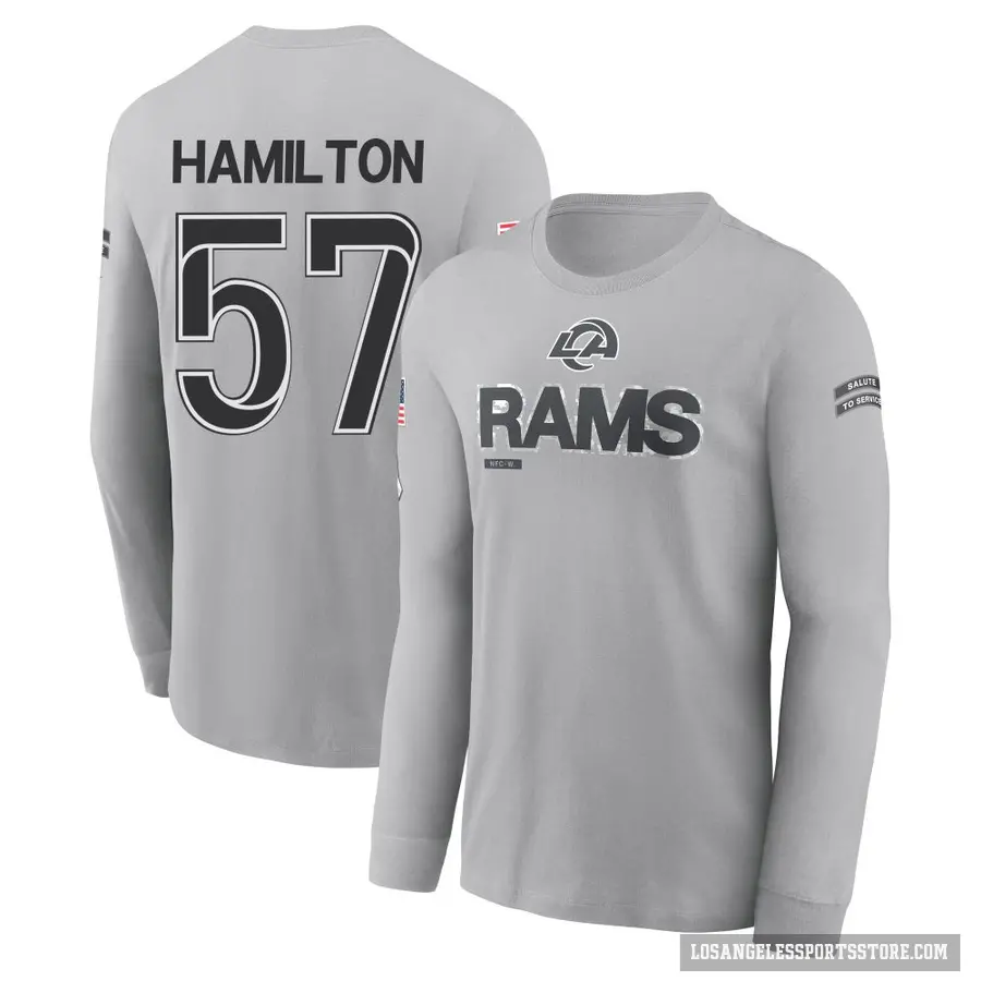 Men's ＃57 Ty Hamilton Los Angeles Rams Gray 2024 Salute to Service Long Sleeve T-Shirt
