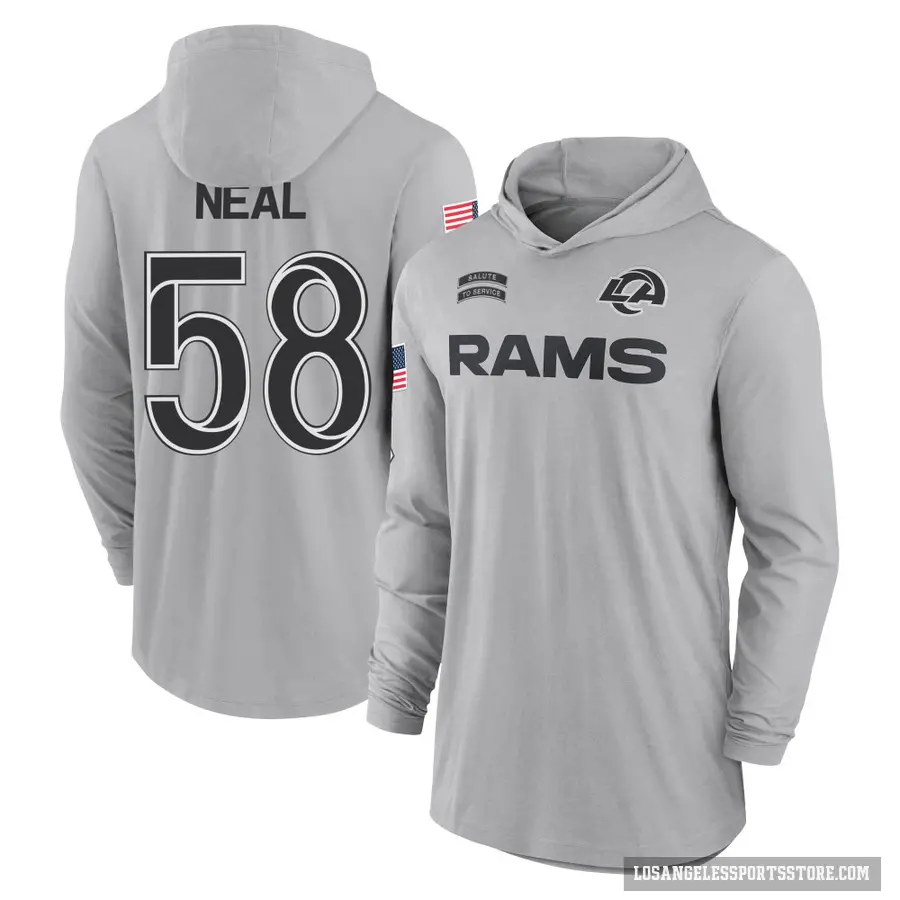 Men's ＃58 Elias Neal Los Angeles Rams Gray 2024 Salute to Service Lightweight Performance Long Sleeve Hooded T-Shirt