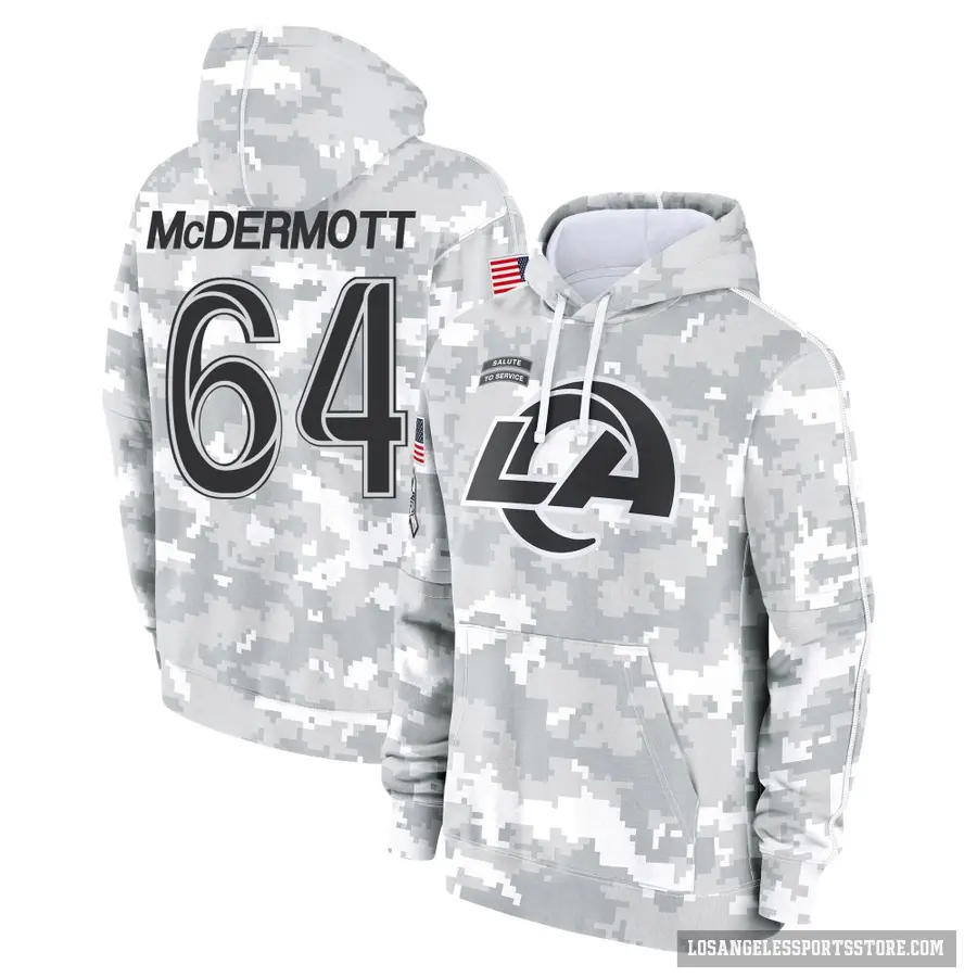 Men's ＃64 Conor McDermott Los Angeles Rams Arctic Camo 2024 Salute to Service Club Fleece Pullover Hoodie