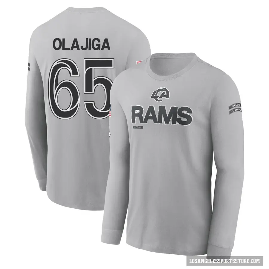 Men's ＃65 David Olajiga Los Angeles Rams Gray 2024 Salute to Service Long Sleeve T-Shirt