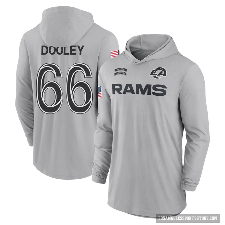 Men's ＃66 Ben Dooley Los Angeles Rams Gray 2024 Salute to Service Lightweight Performance Long Sleeve Hooded T-Shirt