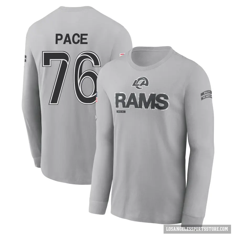 Men's ＃76 Orlando Pace Los Angeles Rams Gray 2024 Salute to Service Long Sleeve T-Shirt
