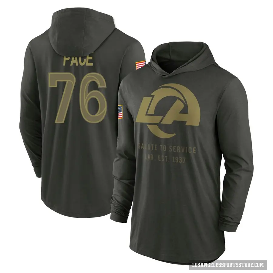 Men's ＃76 Orlando Pace Los Angeles Rams Green Forest/ 2025 Salute to Service Sideline Lightweight Hooded Pullover Long Sleeve T-