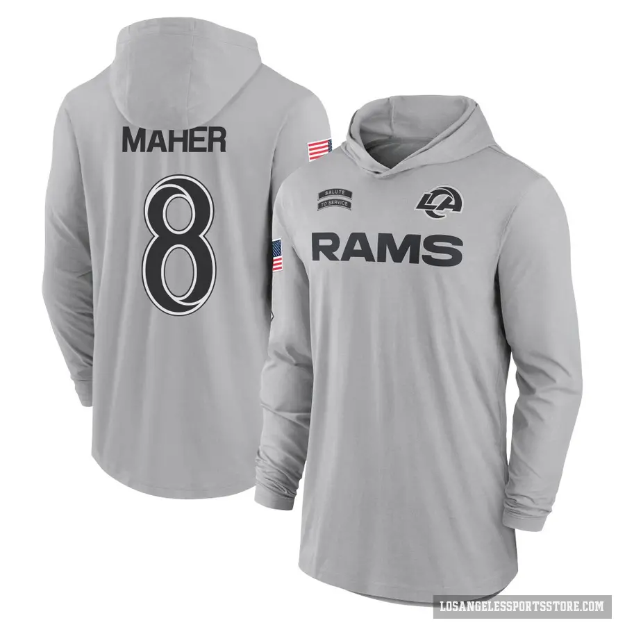 Men's ＃8 Brett Maher Los Angeles Rams Gray 2024 Salute to Service Lightweight Performance Long Sleeve Hooded T-Shirt