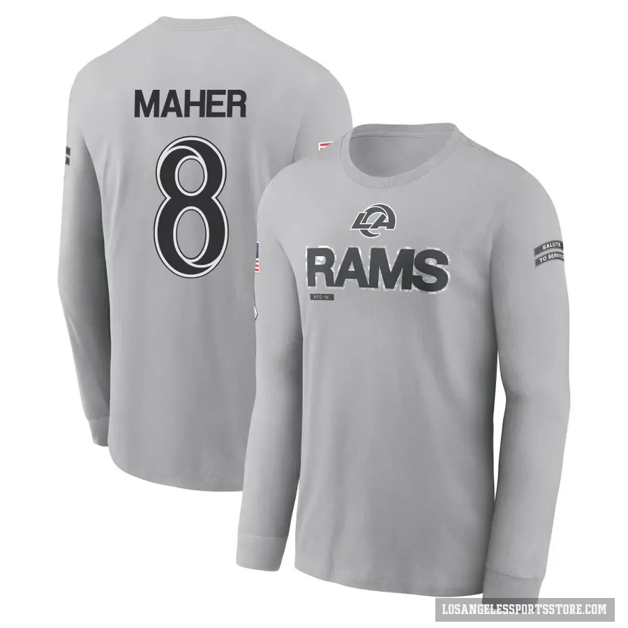 Men's ＃8 Brett Maher Los Angeles Rams Gray 2024 Salute to Service Long Sleeve T-Shirt