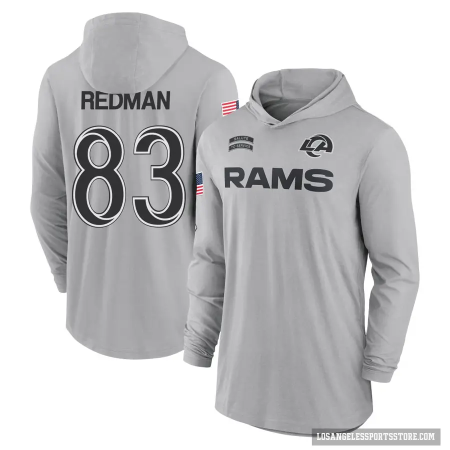 Men's ＃83 Mark Redman Los Angeles Rams Red Gray 2024 Salute to Service Lightweight Performance Long Sleeve Hooded T-Shirt