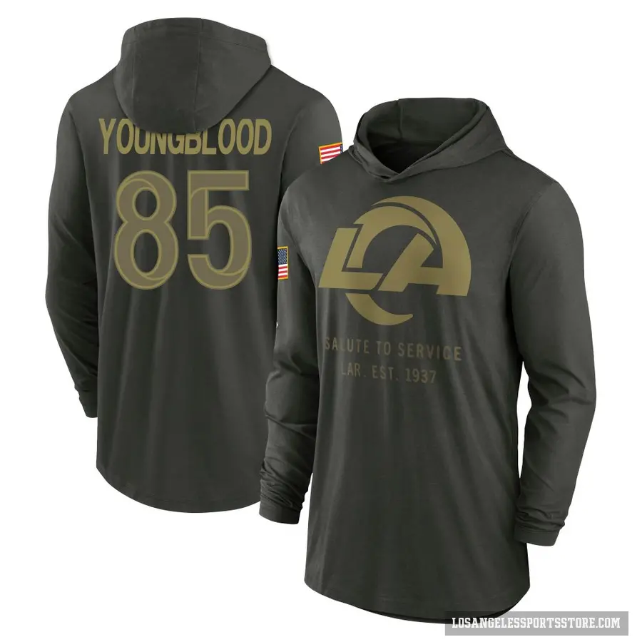 Men's ＃85 Jack Youngblood Los Angeles Rams Green Forest/ 2025 Salute to Service Sideline Lightweight Hooded Pullover Long Sleeve