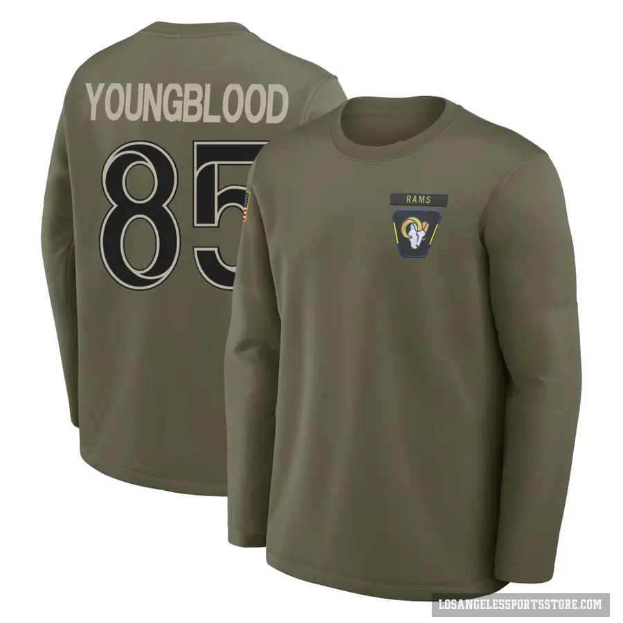 Men's ＃85 Jack Youngblood Los Angeles Rams Olive 2025 Salute to Service Sideline Coaches Long Sleeve T-Shirt