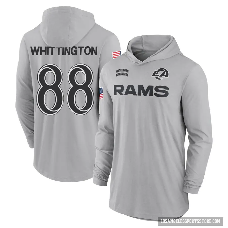 Men's ＃88 Jordan Whittington Los Angeles Rams Gray 2024 Salute to Service Lightweight Performance Long Sleeve Hooded T-Shirt