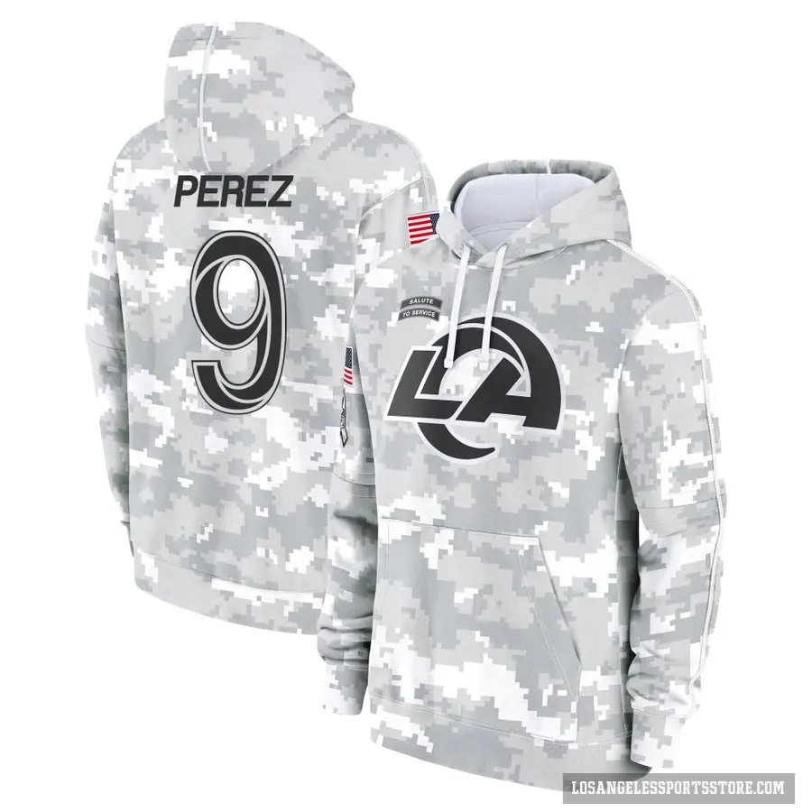 Men's ＃9 Luis Perez Los Angeles Rams Arctic Camo 2024 Salute to Service Club Fleece Pullover Hoodie