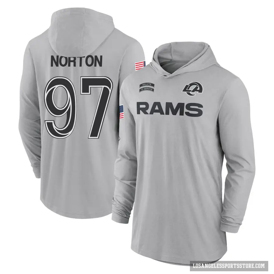 Men's ＃97 Bill Norton Los Angeles Rams Gray 2024 Salute to Service Lightweight Performance Long Sleeve Hooded T-Shirt