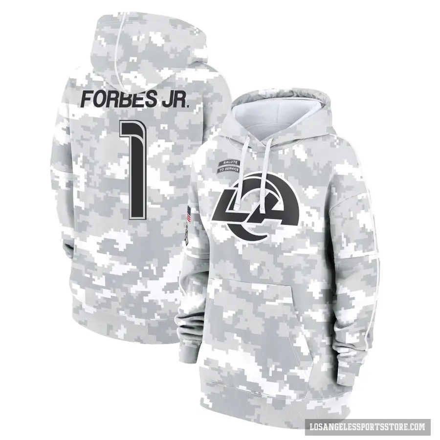 Women's ＃1 Emmanuel Forbes Jr. Los Angeles Rams Arctic Camo 2024 Salute to Service Club Fleece Pullover Hoodie