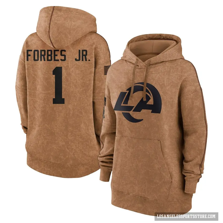 Women's ＃1 Emmanuel Forbes Jr. Los Angeles Rams Brown 2023 Salute To Service Pullover Hoodie