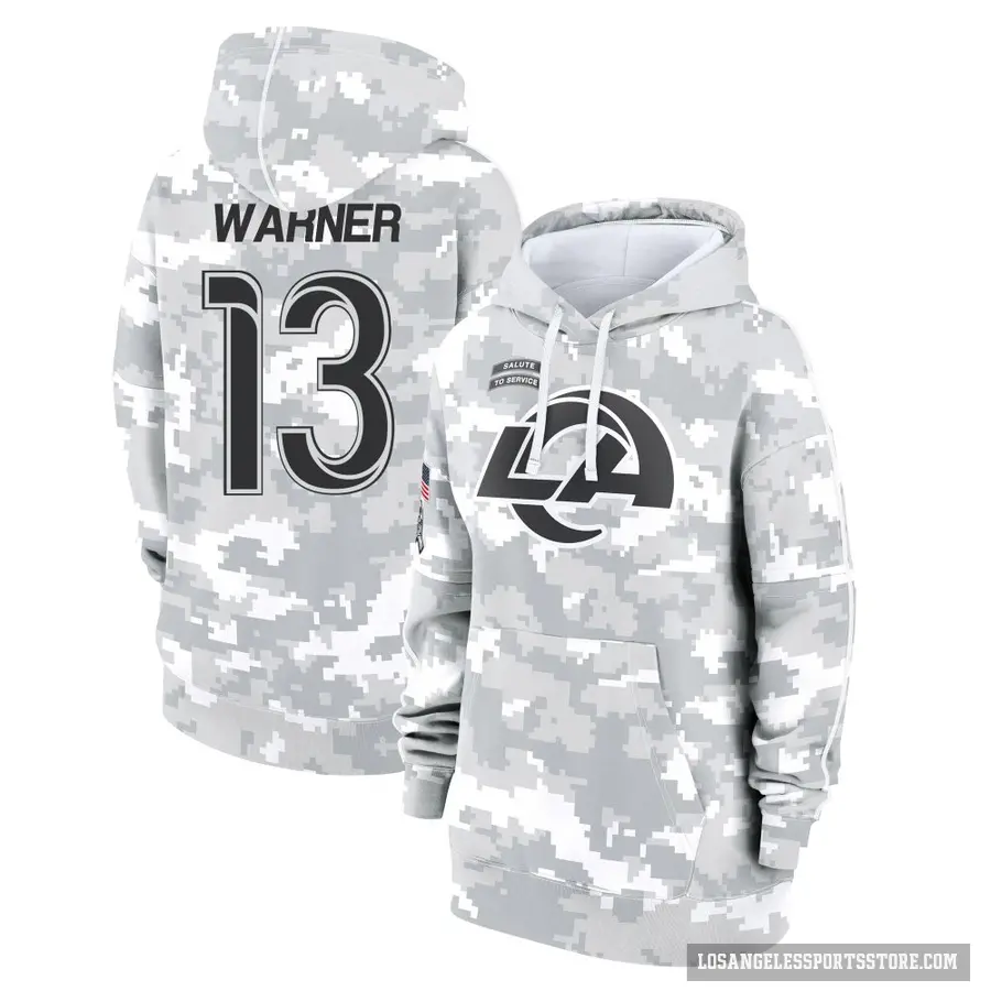 Women's ＃13 Kurt Warner Los Angeles Rams Arctic Camo 2024 Salute to Service Club Fleece Pullover Hoodie