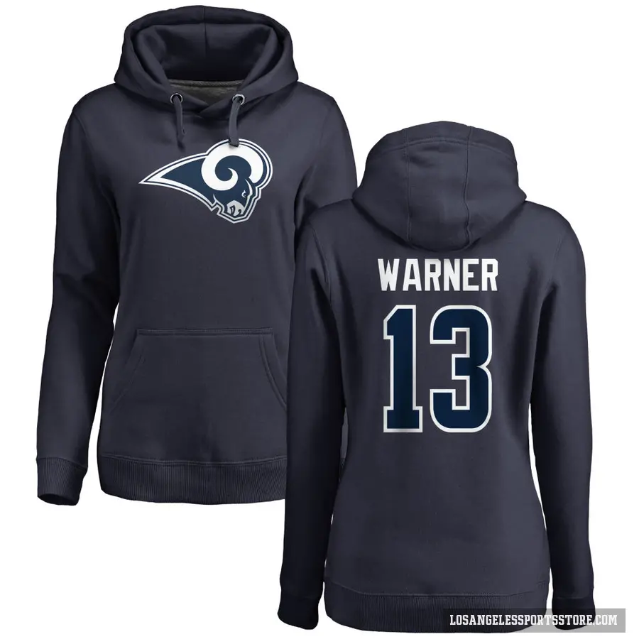 Women's ＃13 Kurt Warner Los Angeles Rams Navy Pro Line Name & Number Logo Pullover Hoodie