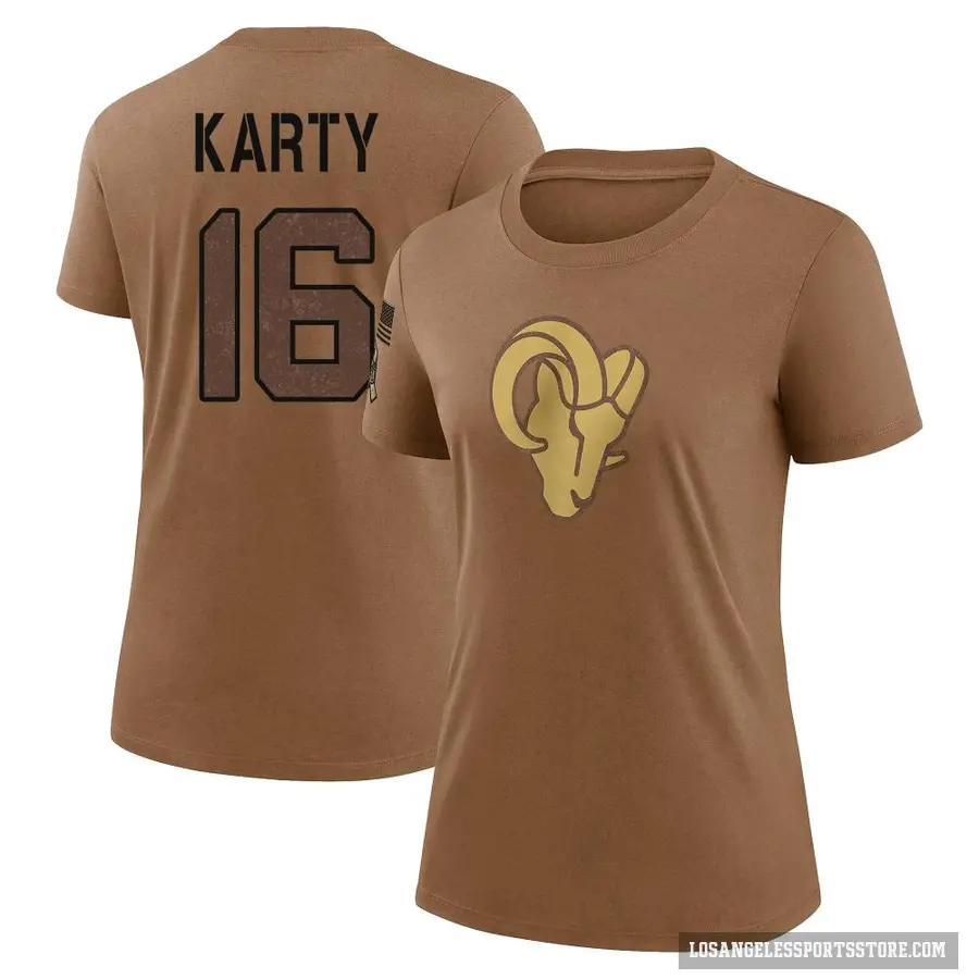 Women's ＃16 Joshua Karty Los Angeles Rams Brown 2023 Salute To Service Performance T-Shirt
