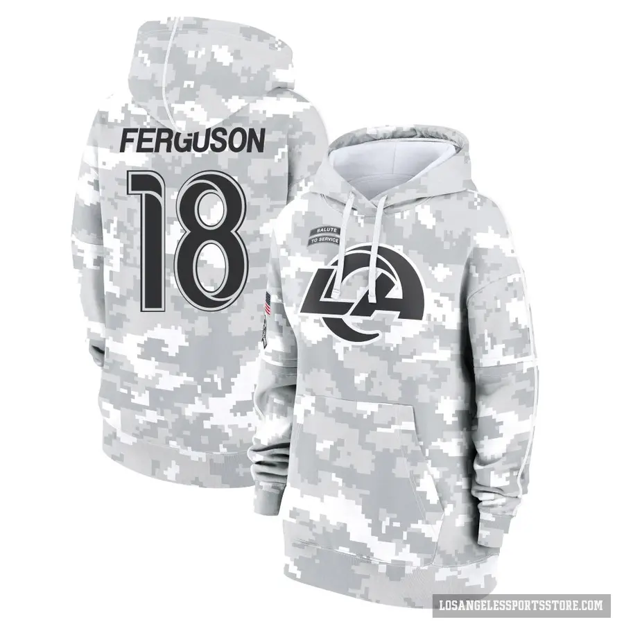 Women's ＃18 Terrance Ferguson Los Angeles Rams Arctic Camo 2024 Salute to Service Club Fleece Pullover Hoodie