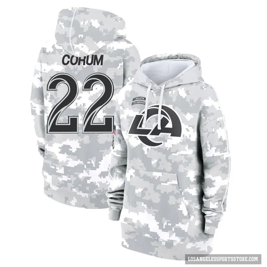 Women's ＃22 Blake Corum Los Angeles Rams Arctic Camo 2024 Salute to Service Club Fleece Pullover Hoodie