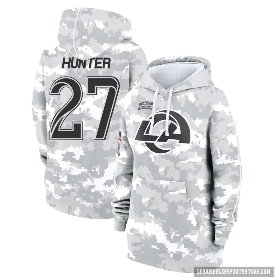 Women's ＃27 Jarquez Hunter Los Angeles Rams Arctic Camo 2024 Salute to Service Club Fleece Pullover Hoodie