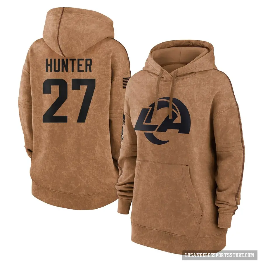 Women's ＃27 Jarquez Hunter Los Angeles Rams Brown 2023 Salute To Service Pullover Hoodie