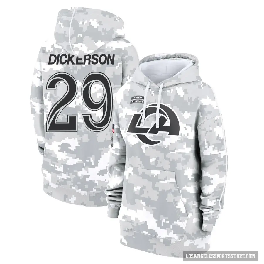 Women's ＃29 Eric Dickerson Los Angeles Rams Arctic Camo 2024 Salute to Service Club Fleece Pullover Hoodie