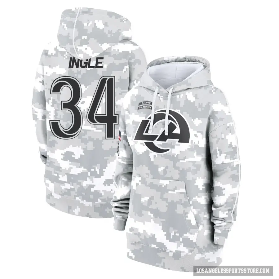 Women's ＃34 Tanner Ingle Los Angeles Rams Arctic Camo 2024 Salute to Service Club Fleece Pullover Hoodie