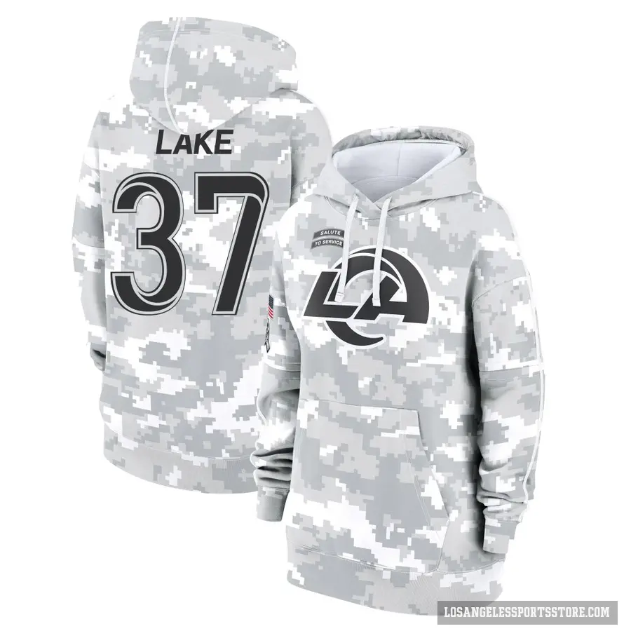 Women's ＃37 Quentin Lake Los Angeles Rams Arctic Camo 2024 Salute to Service Club Fleece Pullover Hoodie