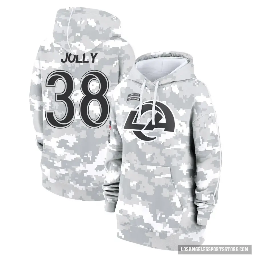 Women's ＃38 Shaun Jolly Los Angeles Rams Arctic Camo 2024 Salute to Service Club Fleece Pullover Hoodie