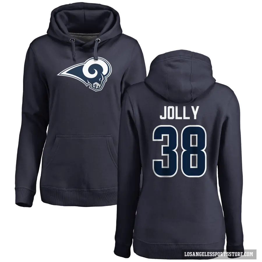 Women's ＃38 Shaun Jolly Los Angeles Rams Navy Pro Line Name & Number Logo Pullover Hoodie
