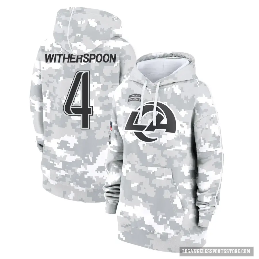Women's ＃4 Ahkello Witherspoon Los Angeles Rams Arctic Camo 2024 Salute to Service Club Fleece Pullover Hoodie