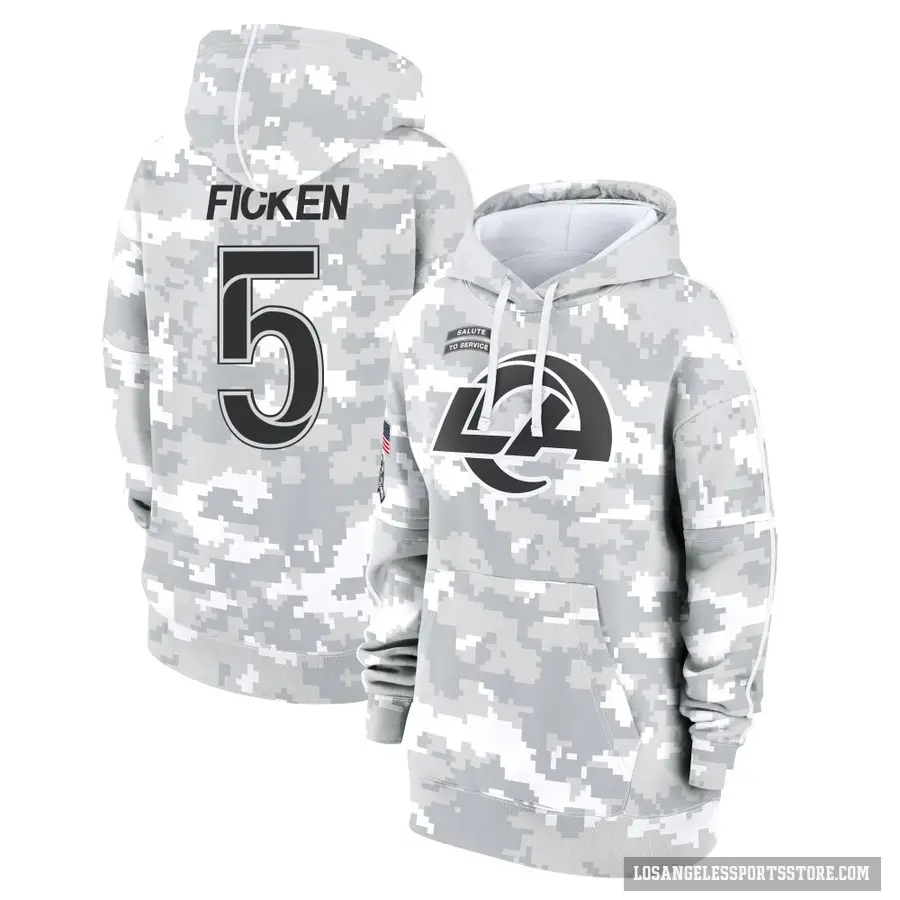 Women's ＃5 Sam Ficken Los Angeles Rams Arctic Camo 2024 Salute to Service Club Fleece Pullover Hoodie