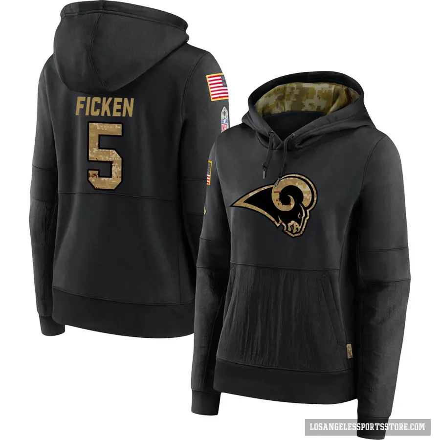 Women's ＃5 Sam Ficken Los Angeles Rams Black 2020 Salute to Service Sideline Performance Pullover Hoodie